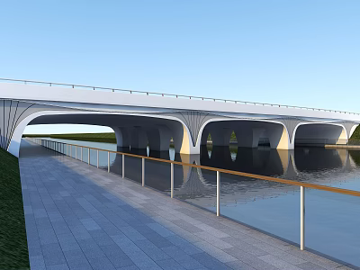 Modern Landscape Bridge Featuring Arched Structure Spanning Water with Walkway and Glass Railing 3d model
