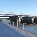 Modern Landscape Bridge Featuring Arched Structure Spanning Water with Walkway and Glass Railing