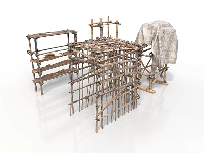 Wooden Storage Shelves With Drying Rack And Hanging Cloth For Home Use 3d model