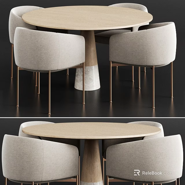Modern Round Dining Table Set with Upholstered Chairs and Gold Metal Legs 3d model 