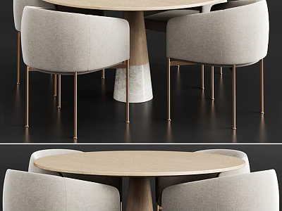 Modern Round Dining Table Set with Upholstered Chairs and Gold Metal Legs 3d model