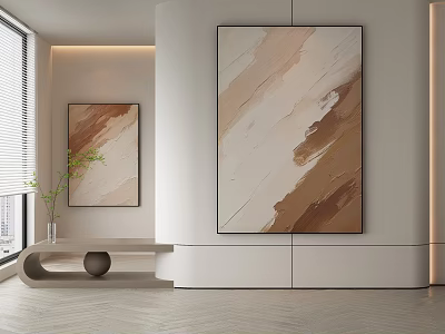 Modern Minimalist Interior With Abstract Paintings Beige Brown Tones Curved Bench Green Plant Window 3d model
