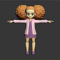 Cartoon Game Character With Orange Curly Hair Green Eyes Pink Jacket Purple Dress Arms Outstretched