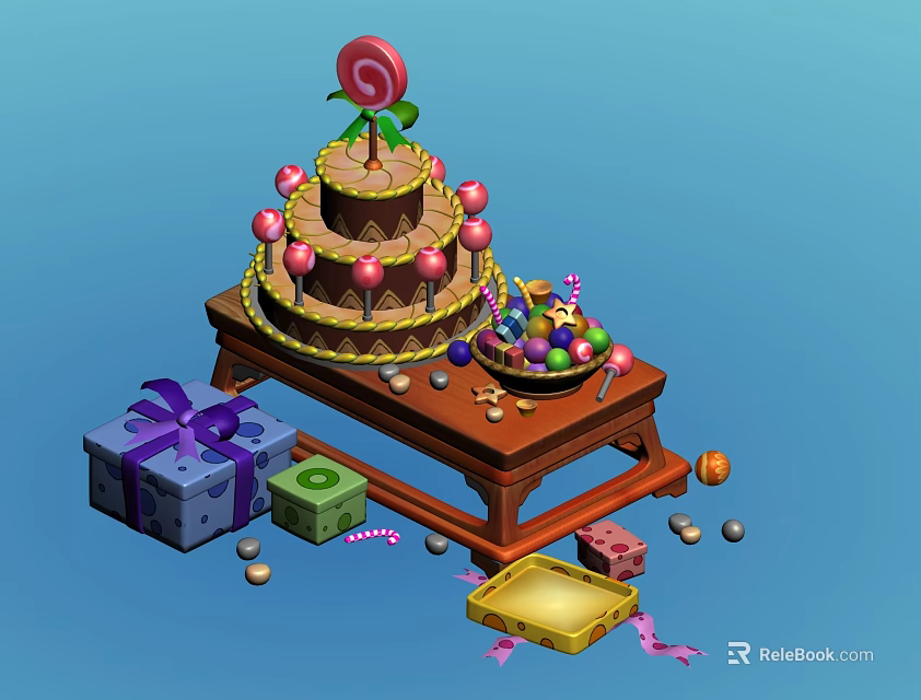 Three Tiered Cake With Lollipop Decoration Gift Boxes And Candies On Wooden Table 3d model 