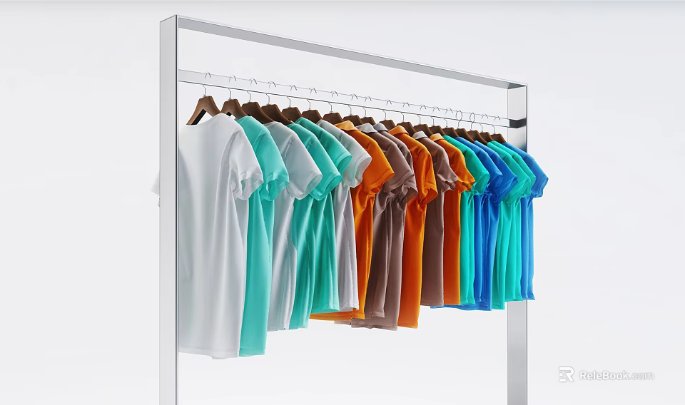 T shirts In Various Colors Hanging Neatly On Metal Clothing Rack 3d model 