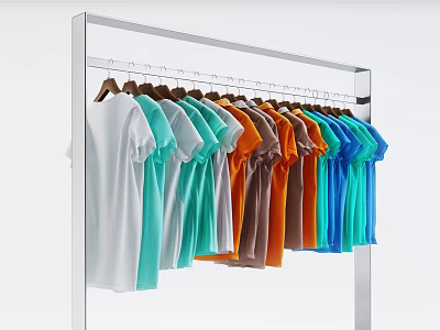 T shirts In Various Colors Hanging Neatly On Metal Clothing Rack 3d model