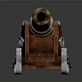 Vintage Brass Cannon With Wooden Carriage And Metal Wheels On Dark Reflective Surface