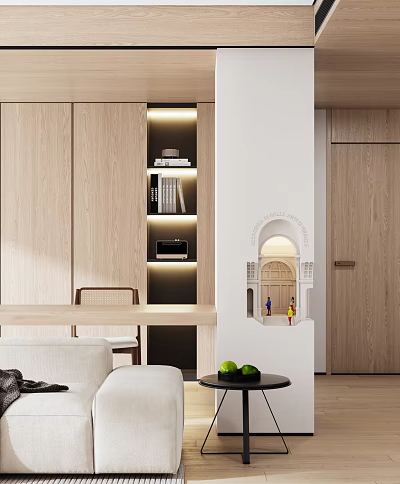 Modern Living Room Interior With Wooden Cabinets Bookshelf And Decorative Wall Lamp 3d model