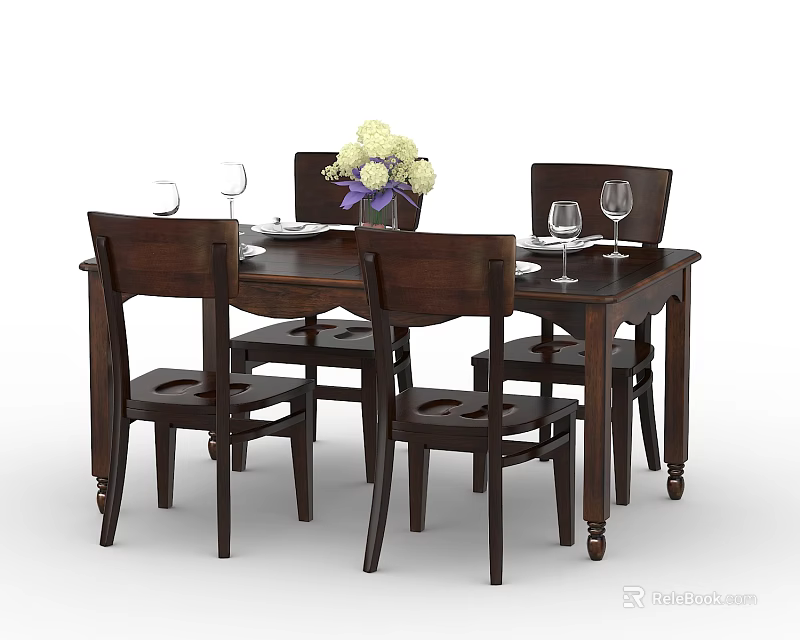 Stylish Wooden Dining Table Set With Four Chairs Tableware Wine Glasses And Flower Bouquet 3d model 