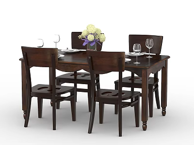 Stylish Wooden Dining Table Set With Four Chairs Tableware Wine Glasses And Flower Bouquet 3d model