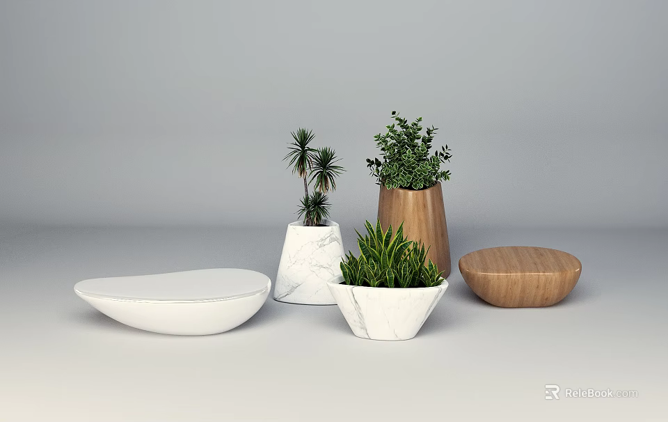 Elegant Tea Set With Marble And Wooden Accents Decorated By Small Green Plants 3d model 