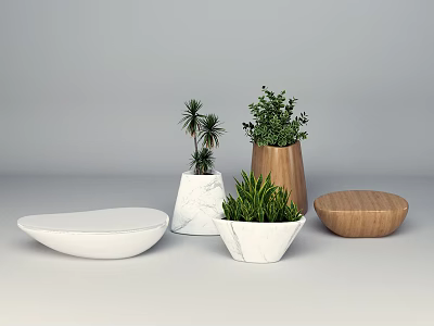 Elegant Tea Set With Marble And Wooden Accents Decorated By Small Green Plants 3d model