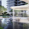 Modern High Rise Residential Area With Garden Pool Pavilion And Landscaped Greenery