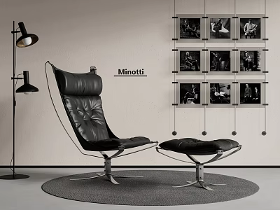 Black Leather Minotti Lounge Chair with Ottoman Floor Lamps and Modern Black White Photo Wall 3d model
