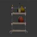 Three Tier Wooden Serving Cart With Metal Frame And Colorful Vases On Wheels