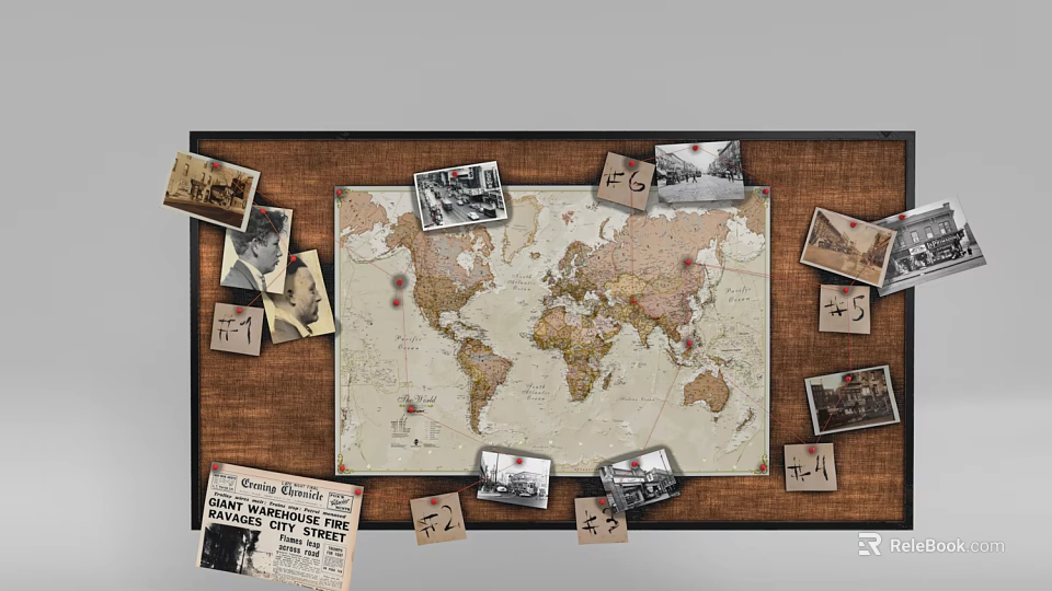 Bed Accent Wall Decor With World Map Vintage Photos And Notes 3d model