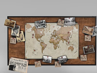 Bed Accent Wall Decor With World Map Vintage Photos And Notes 3d model