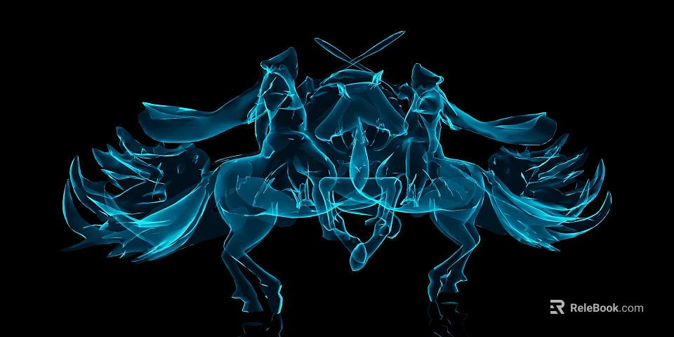 Game Movie Character Blue Transparent Horseback With Crossed Swords Flowing Capes On Black Background 3d model 