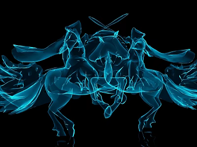 Game Movie Character Blue Transparent Horseback With Crossed Swords Flowing Capes On Black Background 3d model