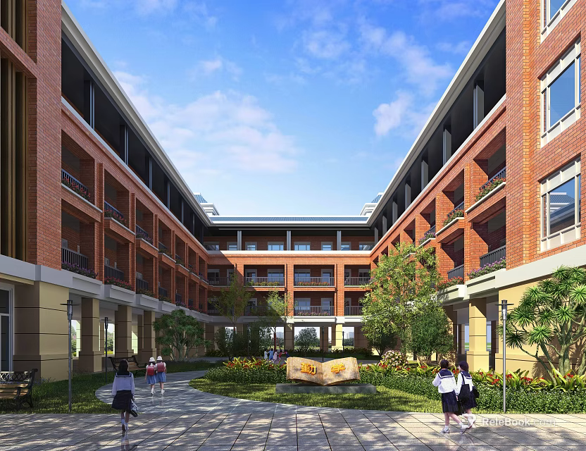 Red Brick Multi Story School Building With Courtyard Green Plants And Students 3d model 