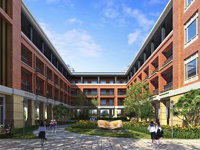 Red Brick Multi Story School Building With Courtyard Green Plants And Students 3d model