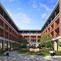 Red Brick Multi Story School Building With Courtyard Green Plants And Students