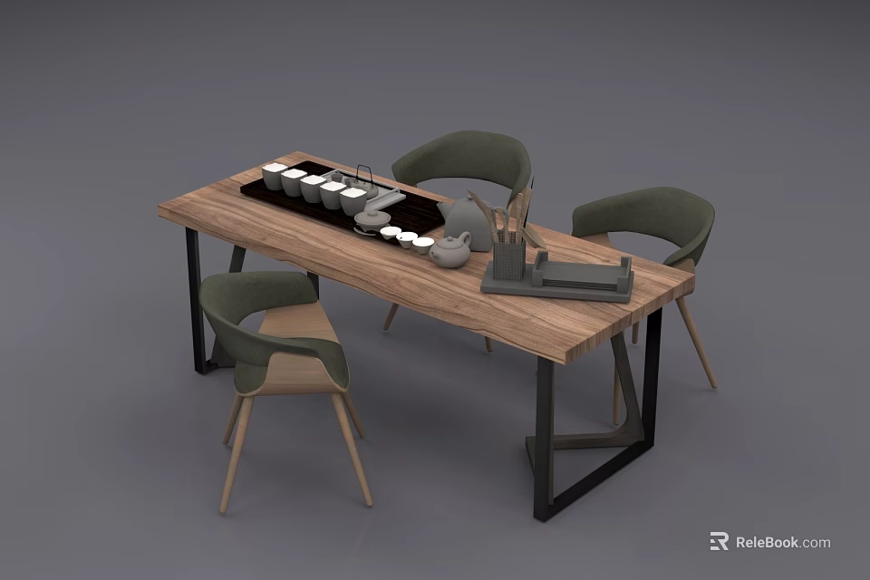 Wooden Tea Table With Green Chairs And Tea Set For Modern Living Space 3d model 