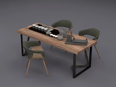 Wooden Tea Table With Green Chairs And Tea Set For Modern Living Space 3d model
