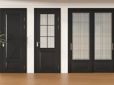 Modern Black Hinged Interior Doors With Solid And Glass Panel Design 3d model