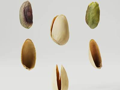 Whole And Opened Pistachios With Various Colors Floating On Light Background 3d model