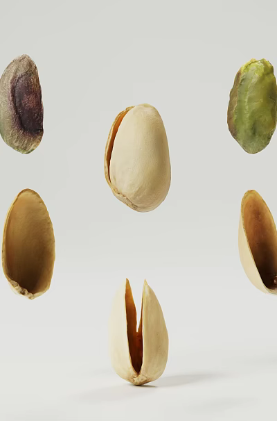 Whole And Opened Pistachios With Various Colors Floating On Light Background 3d model