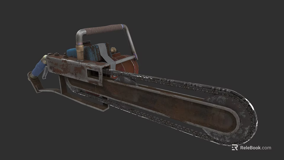 Commercial Chainsaw With Rustic Metal Construction And Long Chain Blade 3d model 