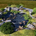 Garden Water Fountain with Koi Fish Lotus Leaves Stone Pathways and Green Plants