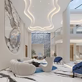 Modern Living and Dining Room Interior With Lofty Ceiling Curved Lighting And Marble Flooring