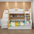 White Bunk Bed with Staircase Bookshelf and Storage Drawers in Kids Room