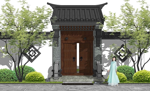 Classical Chinese Style Courtyard Door Head New Chinese Style Courtyard Door Villa Courtyard Entrance Door 3d model