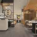 Chinese Restaurant Interior Design With Wooden Lattice Ceiling Brass Pendant Lights And Landscape Painting Backdrop