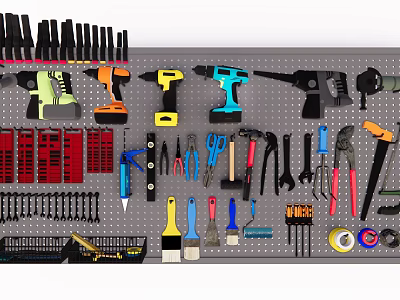 Assorted Hardware Tools Collection With Power Drills Wrenches Pliers Screwdrivers And Tool Rack 3d model