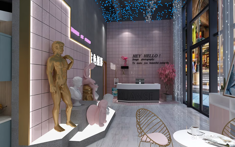Bridal Shop Interior With Golden Sculptures Pink Decor Neon Signs And Tiled Walls 3d model 