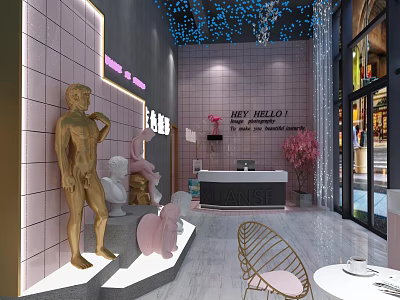 Bridal Shop Interior With Golden Sculptures Pink Decor Neon Signs And Tiled Walls 3d model