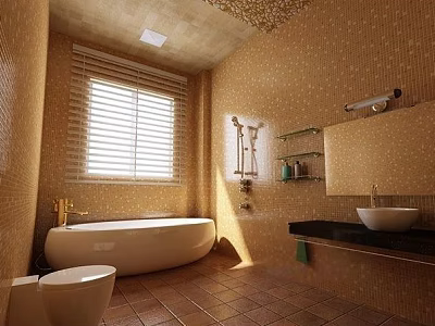 Elegant Hotel Bathroom Featuring Mosaic Tiles Bathtub Window Blinds Sink Counter Mirror and Shelf 3d model