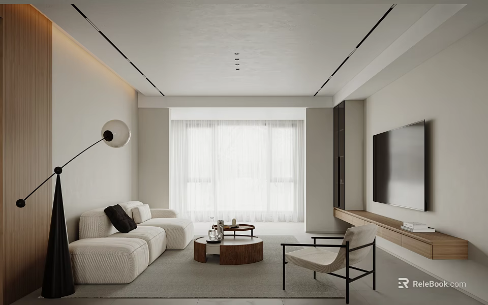 Modern Living Dining Room Interior With White Sofa Round Coffee Table Floor Lamp And Curtains 3d model 