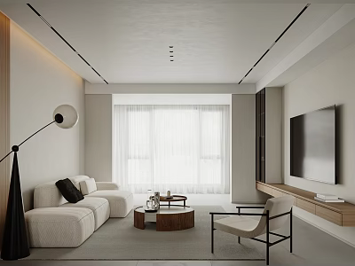 Modern Living Dining Room Interior With White Sofa Round Coffee Table Floor Lamp And Curtains 3d model