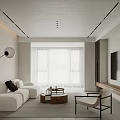 Modern Living Dining Room Interior With White Sofa Round Coffee Table Floor Lamp And Curtains
