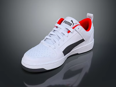PUMA White Low Top Casual Sports Shoes With Black Stripes And Red Lining 3d model