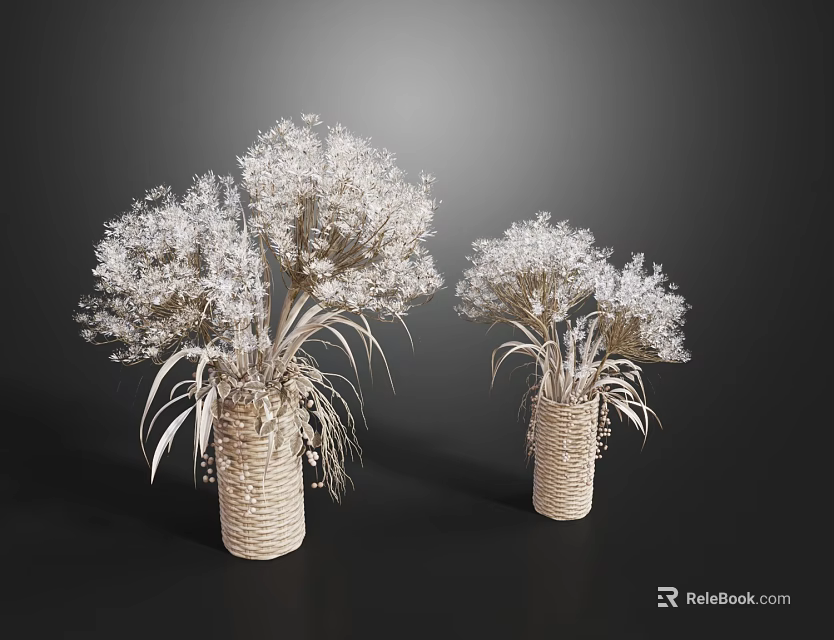 Pair of Woven Vases with White Floral Arrangements Against Dark Background 3d model 