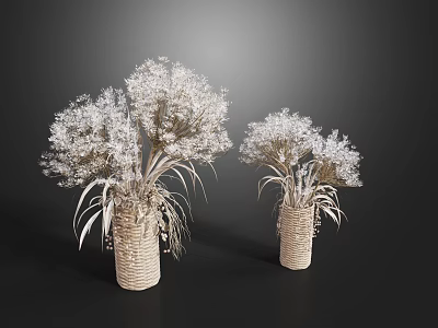 Pair of Woven Vases with White Floral Arrangements Against Dark Background 3d model