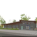 Modern Post Station Exterior With Wooden Gray Facade Glass Entrance Stone Pathway And Trees