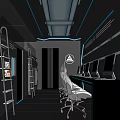 High Tech Hotel Room Interior With Blue Lighting Metal Furniture And Computer Desks