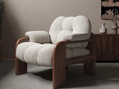 Beige Single Sofa With Plush Cushions And Wooden Armrests In Modern Minimalist Interior 3d model